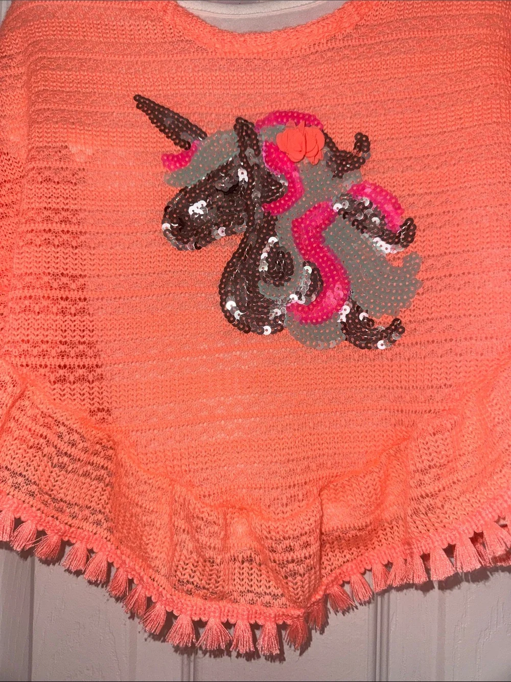 Girls Neon Coral Unicorn Sequin Top
